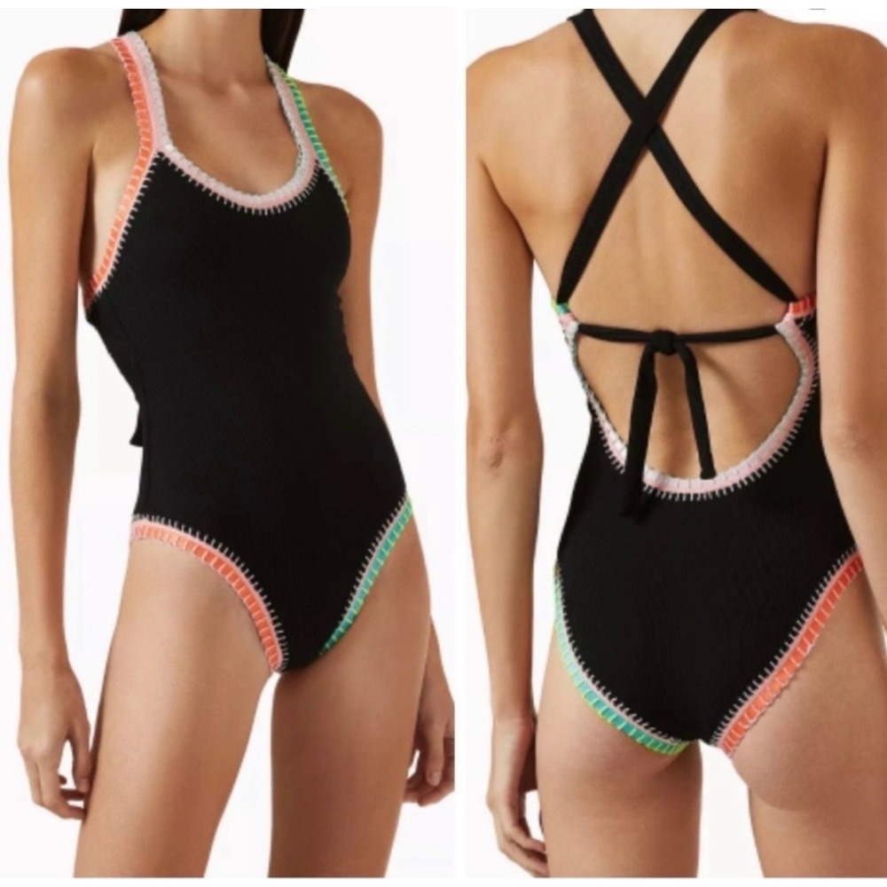 PQ Swim Black Pearl Crochet Trim One Piece Swimsuit Ribbed Black Multi Medium